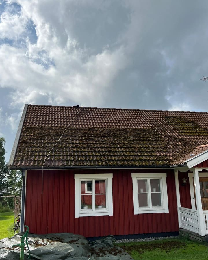 Rødt hus med brunt teglsteinstak dekket av mose